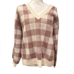 Loft Soft Checkered V-Neck Sweater - Large- Muted Pink / Off White